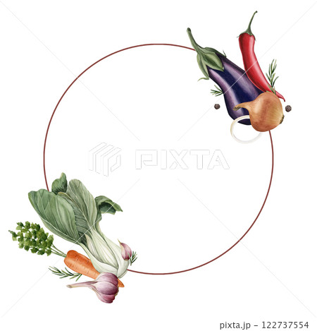 Fresh vegetables and seasonings wreath. Watercolor hand painted isolated food illustration cookbook, kitchen table textile, condiment package, delicious fabric, menu, recipe book, card, logo, label 122737554