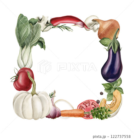 Fresh vegetables and seasonings square frame. Watercolor hand painted isolated food illustration cookbook, kitchen table textile, condiment package, delicious fabric, recipe book, card, logo, label 122737558