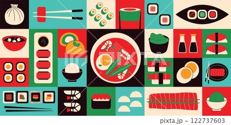 Asian food banner. Minimal geometric japanese korean thai chinese cuisine, sushi shrimp sashimi salmon rice ramen tom yum soup. Flat vector background Asian food banner. Minimal geometric japanese korean thai chinese cuisine, sushi shrimp sashimi salmon rice ramen tom yum soup. Flat vector background 122737603