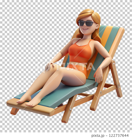 Woman character lying on beach lounge and sunbathing 3d illustration isolated on the transparent background Woman character lying on beach lounge and sunbathing 3d illustration isolated on the transparent background 122737644