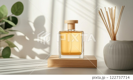 stylish glass perfume bottle with wooden cap, surrounded by natural elements 122737714