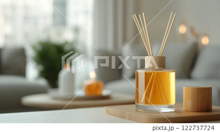 Aromatic diffuser with reeds in cozy living room setting, creating warm ambiance 122737724