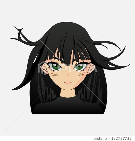 Anime girl portrait. Kawaii cute young woman face manga style, cartoon japanese comic character with big green eyes and angry expression. Vector isolated illustration Anime girl portrait. Kawaii cute young woman face manga style, cartoon japanese comic character with big green eyes and angry expression. Vector isolated illustration 122737735