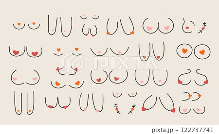 Woman breasts. Different female breast shape, line chest icons with various sizes, woman bust anatomy with scars and implants, inclusive diversity concept. Vector doodle set 122737741