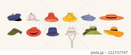 Summer hats. Trendy stylish women men headwear, simple flat garment elements straw hat, vintage hat, cap, panama, modern headdress. Vector cartoon set 122737747