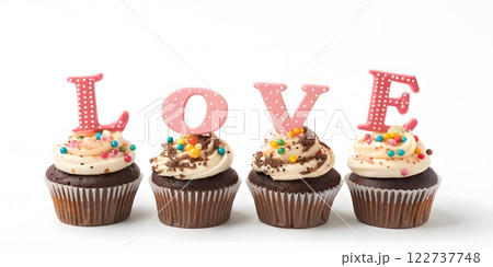 Create a festive and whimsical image of four cupcakes spelling out the word LOVE. 122737748