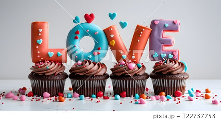 Create a festive and whimsical image of four cupcakes spelling out the word LOVE. Create a festive and whimsical image of four cupcakes spelling out the word LOVE. 122737753