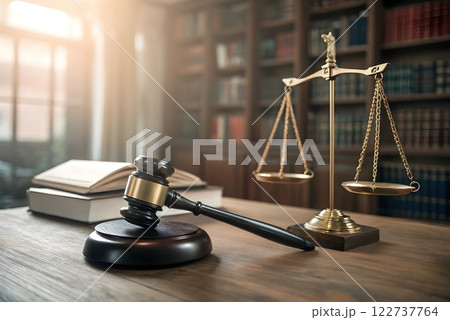 A photorealistic image of a judge's gavel and a scale of justice in a courtroom setting. The image should focus on the gavel and the scale of justice A photorealistic image of a judge's gavel and a scale of justice in a courtroom setting. The image should focus on the gavel and the scale of justice 122737764