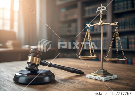 A photorealistic image of a judge's gavel and a scale of justice in a courtroom setting. The image should focus on the gavel and the scale of justice A photorealistic image of a judge's gavel and a scale of justice in a courtroom setting. The image should focus on the gavel and the scale of justice 122737767