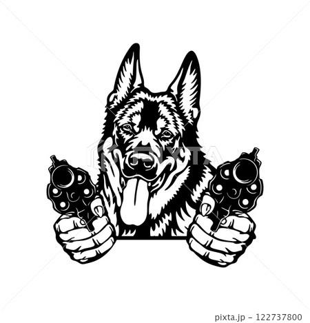 Bad German Shepherd - dog with gun - vector stencil 122737800