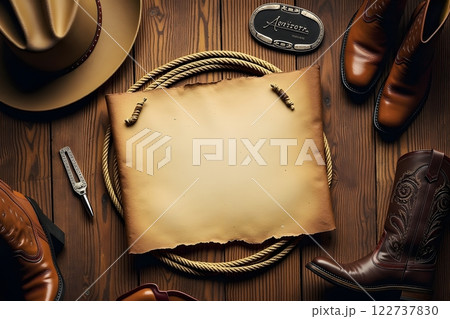 Create a photorealistic image of a rustic still life scene with Western elements. The central focus should be a piece of aged parchment paper lying on a wooden surface Create a photorealistic image of a rustic still life scene with Western elements. The central focus should be a piece of aged parchment paper lying on a wooden surface 122737830