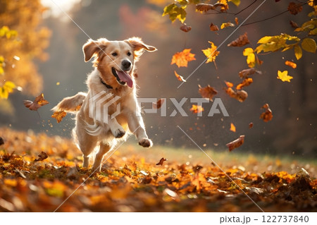 A playful and energetic image of a Golden Retriever dog running through a field of falling autumn leaves. The dog is the central focus of the image 122737840