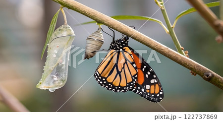 A photorealistic image of a butterfly emerging from its chrysalis, representing transformation and the importance of embracing change 122737869