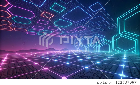 An abstract digital artwork featuring glowing, multicolored neon outlines of interconnected geometric shapes, primarily rectangles and squares, floating in a dark, futuristic environment An abstract digital artwork featuring glowing, multicolored neon outlines of interconnected geometric shapes, primarily rectangles and squares, floating in a dark, futuristic environment 122737967
