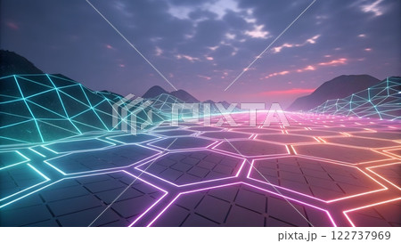 An abstract digital artwork featuring glowing, multicolored neon outlines of interconnected geometric shapes, primarily rectangles and squares, floating in a dark, futuristic environment An abstract digital artwork featuring glowing, multicolored neon outlines of interconnected geometric shapes, primarily rectangles and squares, floating in a dark, futuristic environment 122737969