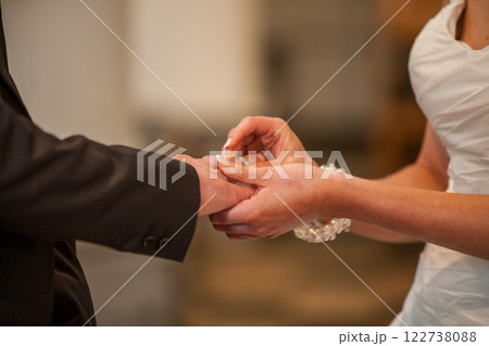 A heartfelt exchange of intimate wedding vows during a beautiful ring ceremony filled with joy A heartfelt exchange of intimate wedding vows during a beautiful ring ceremony filled with joy 122738088