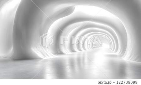 A white futuristic tunnel with curved organic shapes and soft glowing light creating an ethereal atmosphere 122738099