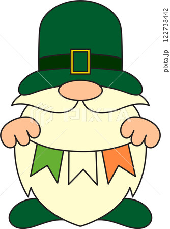 St. Patrick's Day, leprechaun with a long beard, garland of paper flags in his hands, flag of Ireland, retro vintage style, vector flat icon isolated on a white transparent background St. Patrick's Day, leprechaun with a long beard, garland of paper flags in his hands, flag of Ireland, retro vintage style, vector flat icon isolated on a white transparent background 122738442