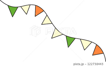 St. Patrick's Day, a garland of triangular paper flags in the colors of the flag of Ireland, green, white, orange, retro vintage style, vector flat icon isolated on a white transparent background 122738443