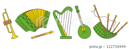 set of Irish folk musical instruments, guitar, harp, bagpipes, trumpet, fife, accordion, retro vintage style, vector flat icon isolated on a white transparent background 122738444