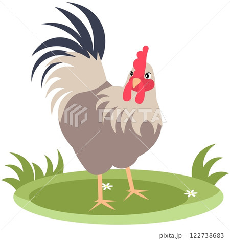 Farm Animals. Cute farm. A beautiful rooster stands on the green grass. Collection of farm animals. Baby flat vector illustration. Isolated Farm Animals. Cute farm. A beautiful rooster stands on the green grass. Collection of farm animals. Baby flat vector illustration. Isolated 122738683