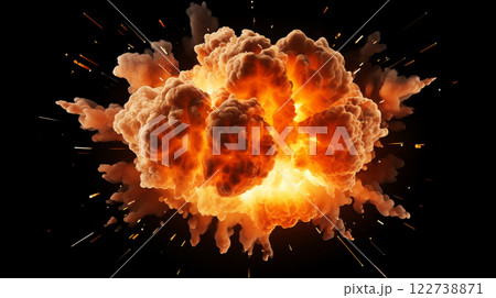 Realistic fiery bomb explosion with sparks and smoke isolated on black background Realistic fiery bomb explosion with sparks and smoke isolated on black background 122738871