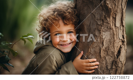young kid hugging a tree in the forest young kid hugging a tree in the forest 122738872