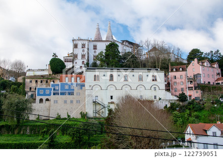 Sintra, Portugal, colorful historical buildings, European cityscape, cozy Portuguese streets landscape, view of city 122739051