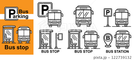 Bus stop auto parking station place, autobus public passenger transport shelter road sign, coach transportation park lot line icon. Tourist shuttle car arrival street waiting zone. City trip. Vector Bus stop auto parking station place, autobus public passenger transport shelter road sign, coach transportation park lot line icon. Tourist shuttle car arrival street waiting zone. City trip. Vector 122739132