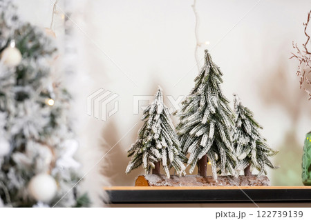 miniature christmas trees in the room. christmas decorations in the photo zone miniature christmas trees in the room. christmas decorations in the photo zone 122739139