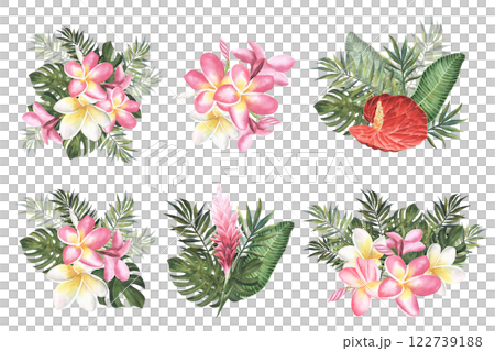 set Tropical watercolor flowers. card with floral illustration. Bouquet of flowers with exotic Leaf isolated on white background. composition for invitation to a party or holiday 122739188