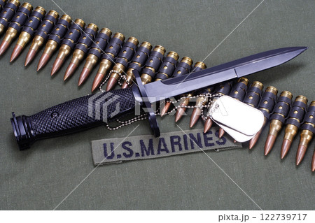US MARINES uniform with bayonet, dog tags and ammunition belt 122739717