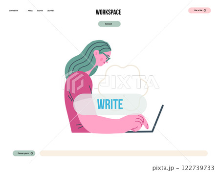 Writing people, modern flat vector concept illustration- sitting woman thoughtfully writing on laptop, bubble near head Metaphor for reflection, personal insight, contemplation, creative expression 122739733
