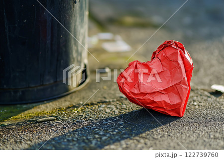 a piece of paper crumpled into a heart shape next to a trash can a piece of paper crumpled into a heart shape next to a trash can 122739760