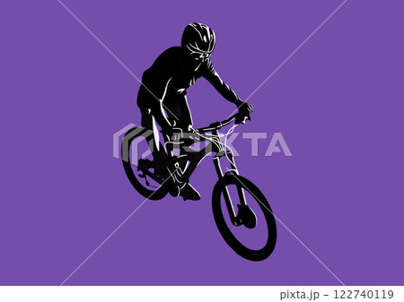 マウンテンバイクでダウンヒルのシルエット マウンテンバイクでダウンヒルのシルエット 122740119