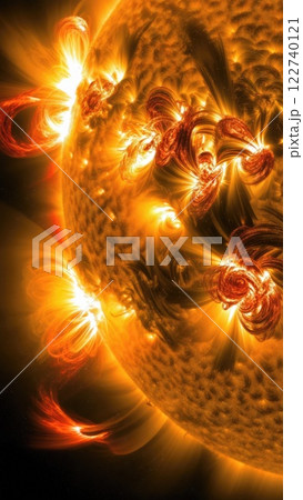 Solar eruption: intense flare unleashing energy from the sun, electromagnetic turbulence, solar wind disruption, magnetic field interactions, plasma release, cosmic activity, astronomical phenomenon 122740121