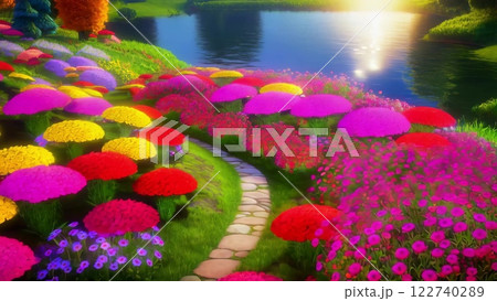 Vibrant garden by the lake with colorful flowerbeds and winding path 122740289