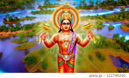 God Kubera holding pots of gold standing above a river delta 122740291