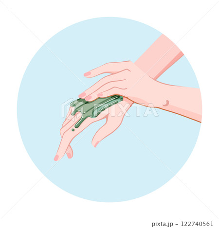Blue cosmetic clay application for hand skin care. A cosmetic beauty treatment for the fingernails and hands. Spa routine icon for infographics, presentations, web design, poster, banner. Modern flat 122740561