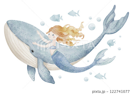 Watercolor illustration of Mermaid riding a gentle whale, surrounded by coral and bubbles. Drawing of underwater animal with fantasy character in pastel colors. Art for nursery poster or cards. Watercolor illustration of Mermaid riding a gentle whale, surrounded by coral and bubbles. Drawing of underwater animal with fantasy character in pastel colors. Art for nursery poster or cards. 122741077