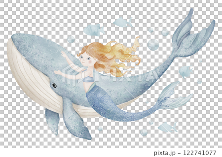 Watercolor illustration of Mermaid riding a gentle whale, surrounded by coral and bubbles. Drawing of underwater animal with fantasy character in pastel colors. Art for nursery poster or cards. Watercolor illustration of Mermaid riding a gentle whale, surrounded by coral and bubbles. Drawing of underwater animal with fantasy character in pastel colors. Art for nursery poster or cards. 122741077