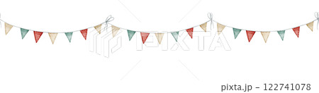 Watercolor Garland border with colorful bunting flags in red, green, and golden tones. Illustration of seamless Pattern for circus or carnival designs. Art of bunting for childish festive decorations. 122741078