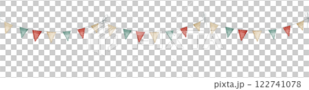 Watercolor Garland border with colorful bunting flags in red, green, and golden tones. Illustration of seamless Pattern for circus or carnival designs. Art of bunting for childish festive decorations. 122741078