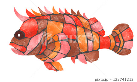 危険魚オコゼのカラフルステンドグラス画風切り絵イラスト 122741212