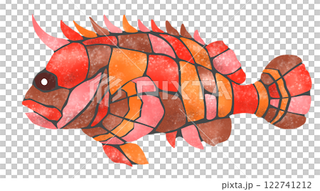 危険魚オコゼのカラフルステンドグラス画風切り絵イラスト 122741212