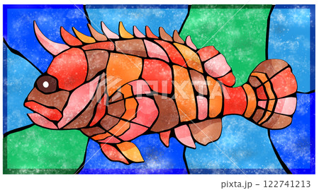 危険魚オコゼの綺麗なタイル画切り絵イラスト背景有り 122741213