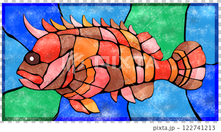 危険魚オコゼの綺麗なタイル画切り絵イラスト背景有り 122741213