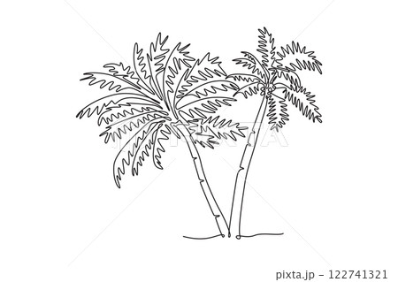 Continuous one line drawing coco nucifera icon. Decorative coconut palm tree for wall decor poster print art and travel vacation tourism campaign. Single line draw design vector graphic illustration Continuous one line drawing coco nucifera icon. Decorative coconut palm tree for wall decor poster print art and travel vacation tourism campaign. Single line draw design vector graphic illustration 122741321