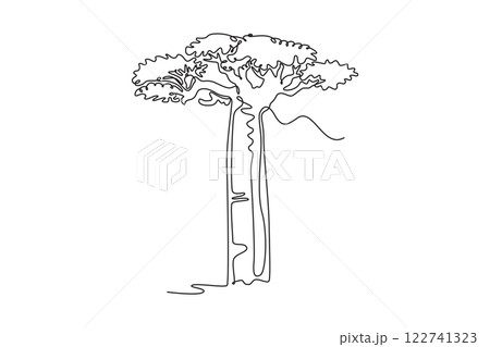 Single continuous line drawing big sturdy baobab tree. Decorative gigantic historical tree for national park logo. Home wall art decor poster. Dynamic one line draw graphic design vector illustration 122741323