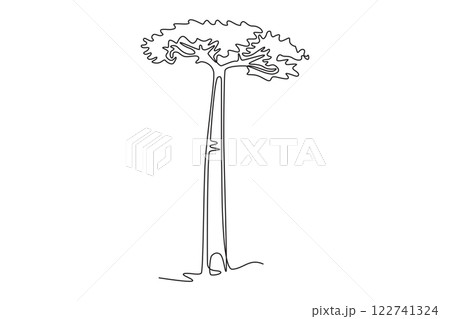 Single continuous line drawing giant baobab tree for wall decor poster. Gigantic plant concept for national park. Tourism and travel vacation concept. One line draw graphic design vector illustration Single continuous line drawing giant baobab tree for wall decor poster. Gigantic plant concept for national park. Tourism and travel vacation concept. One line draw graphic design vector illustration 122741324
